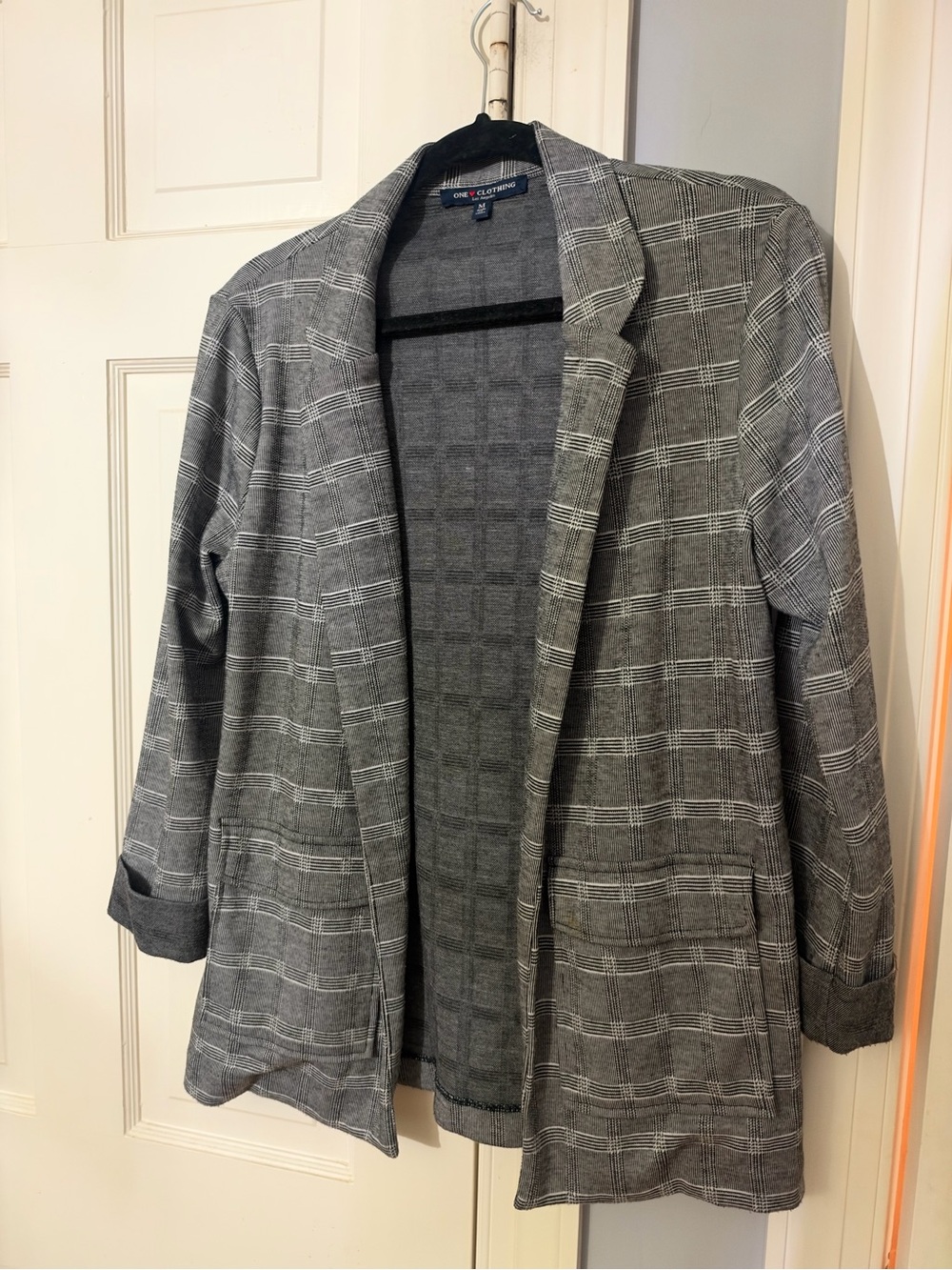 Grey Plaid Open-Front Blazer Jacket